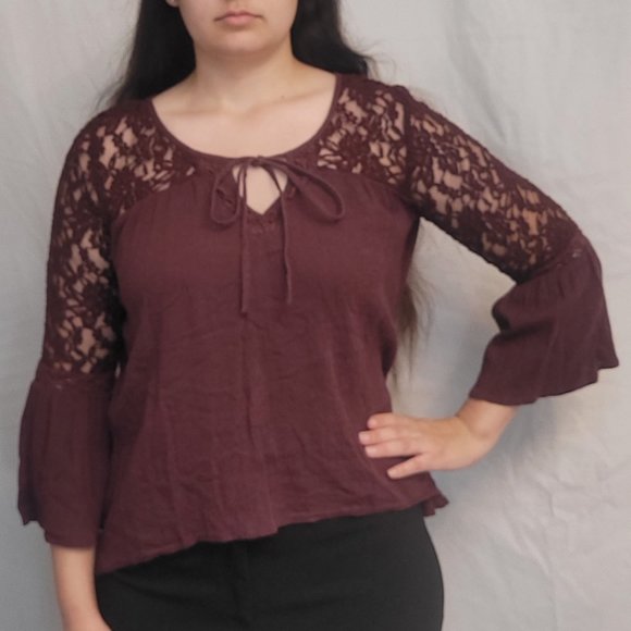 Mudd Tops - Mudd Burgundy Lace Accent Tie Front Blouse